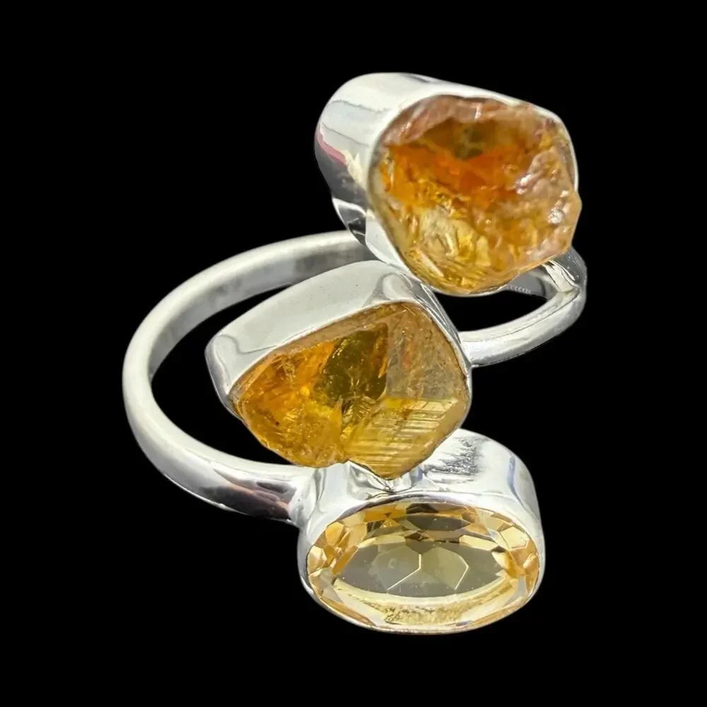 Natural Yellow Citrine Ring 925 Sterling Silver Band Size 8 Handmade Wrap